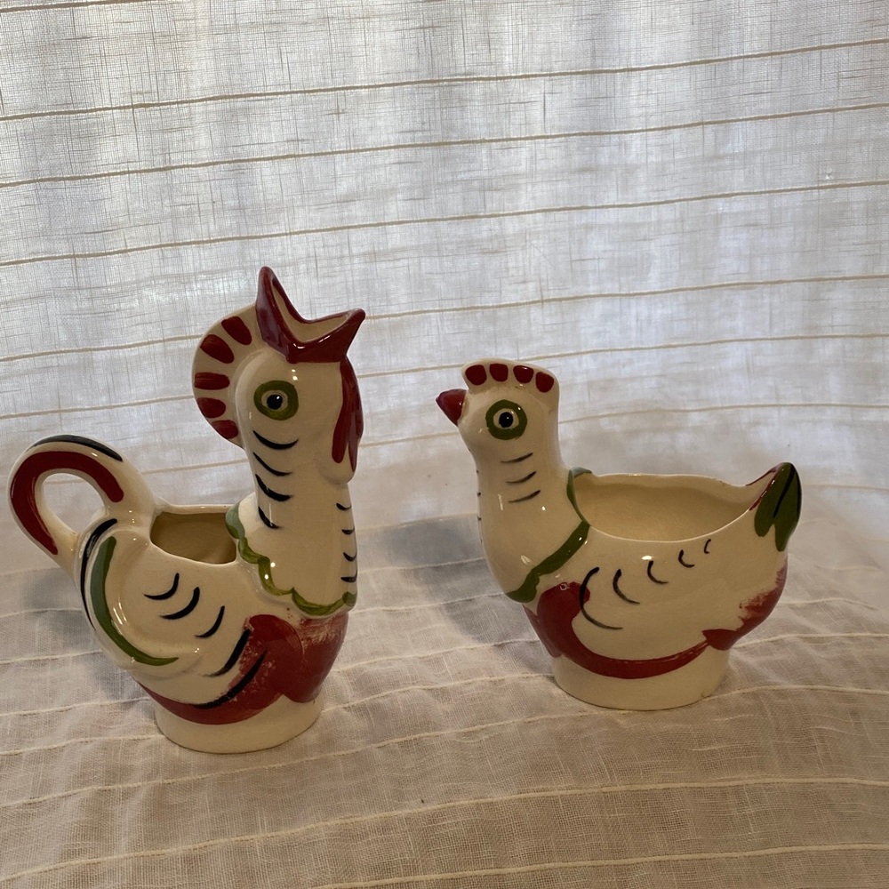 Ceramic Rooster and Hen Creamer Set - Red and Green